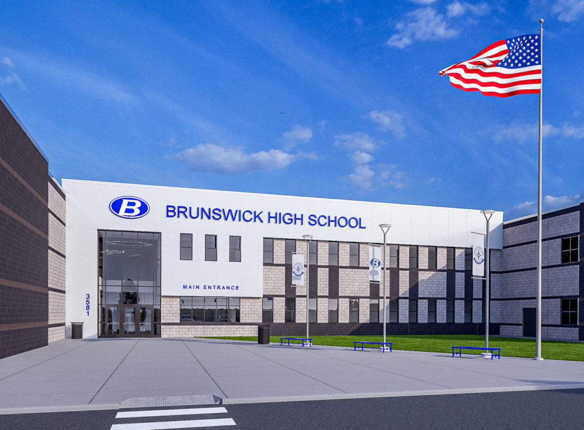Architectural rendering of the new 102 million dollar Brunswick High School building